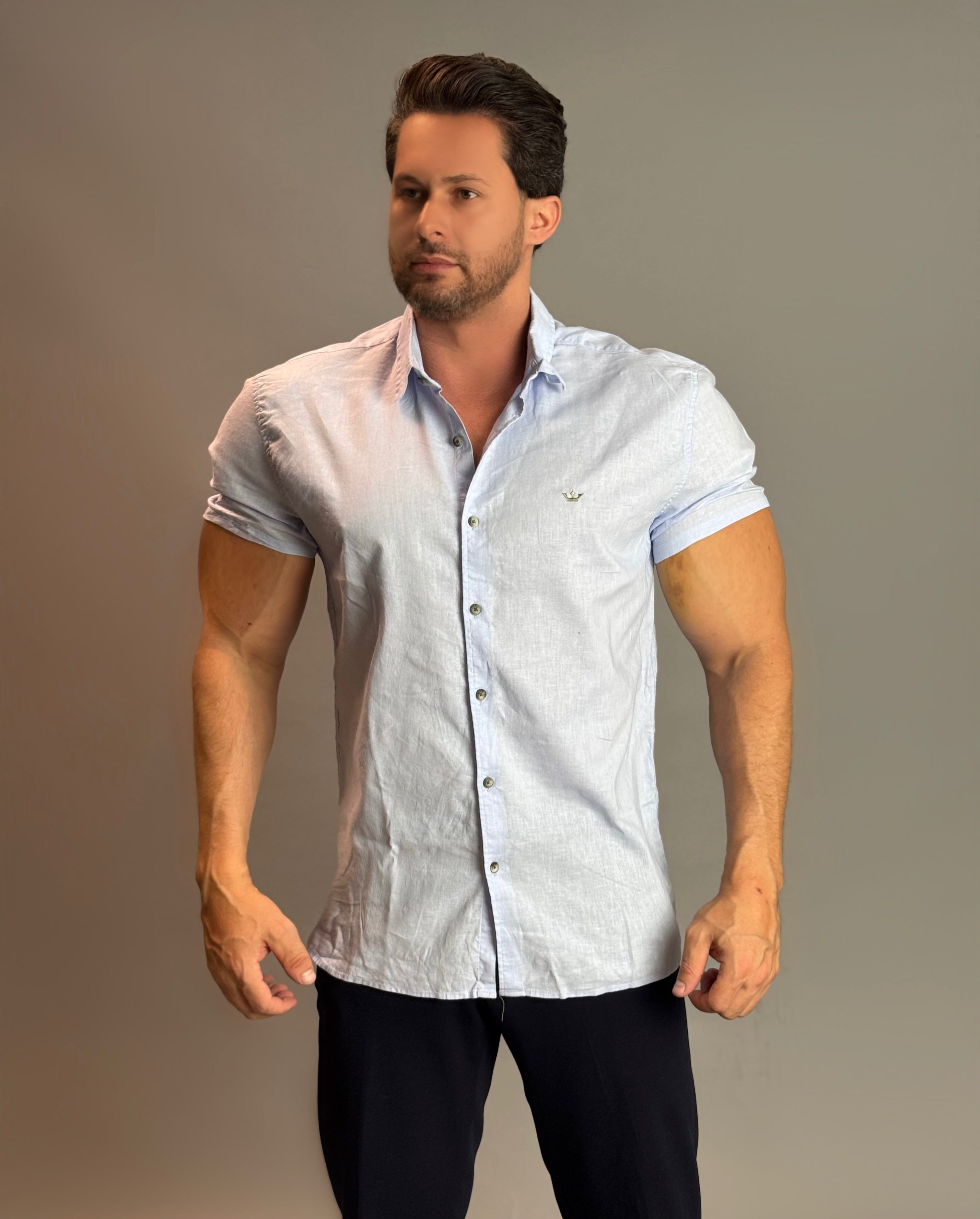 Camisa Social Masculina com Botão Manga Curta - AZul Bebê