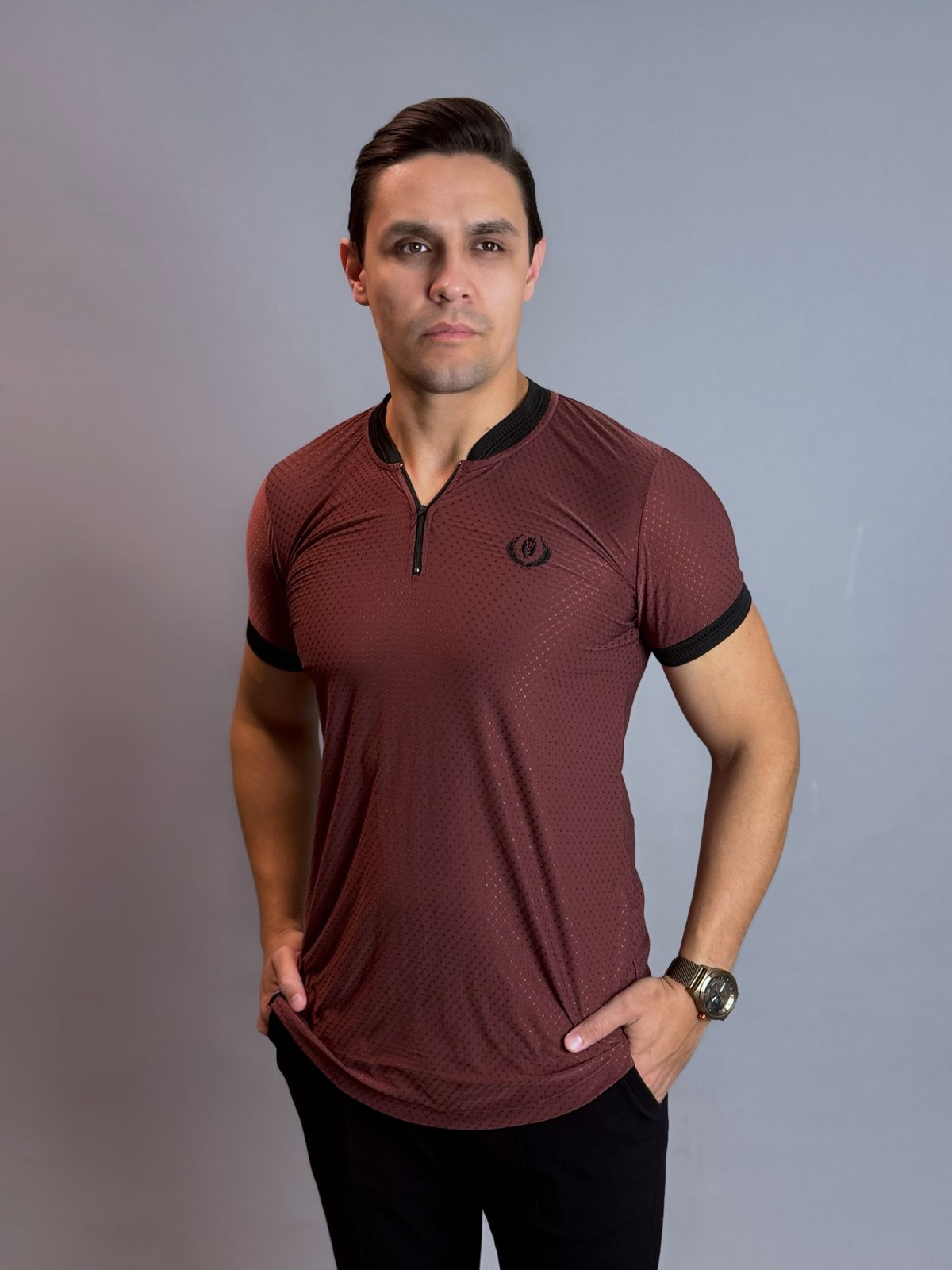 Camisa Gola com Zíper Masculina - Marrom