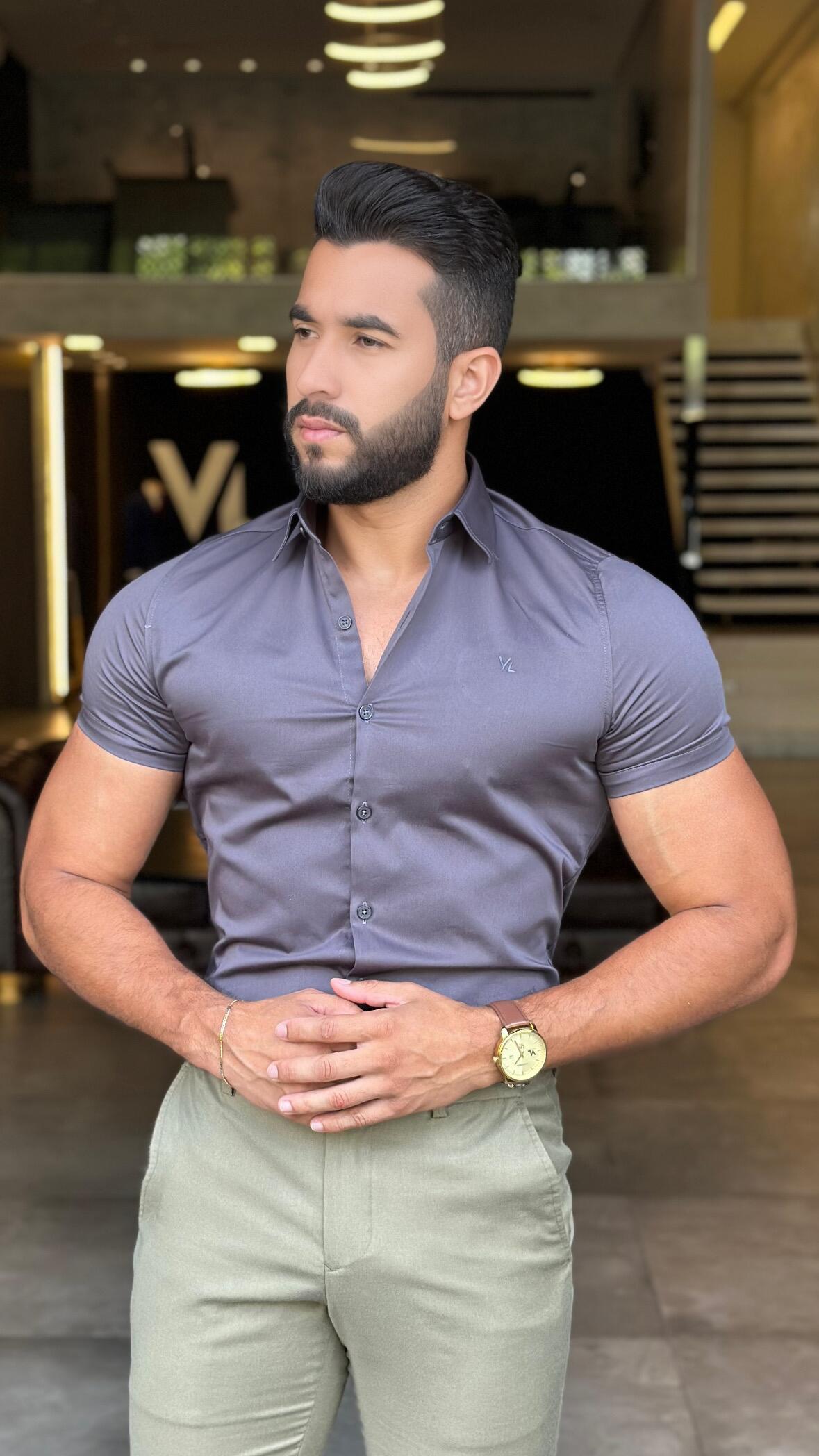 Camisa Social Slim Masculina Acetinada Manga Curta