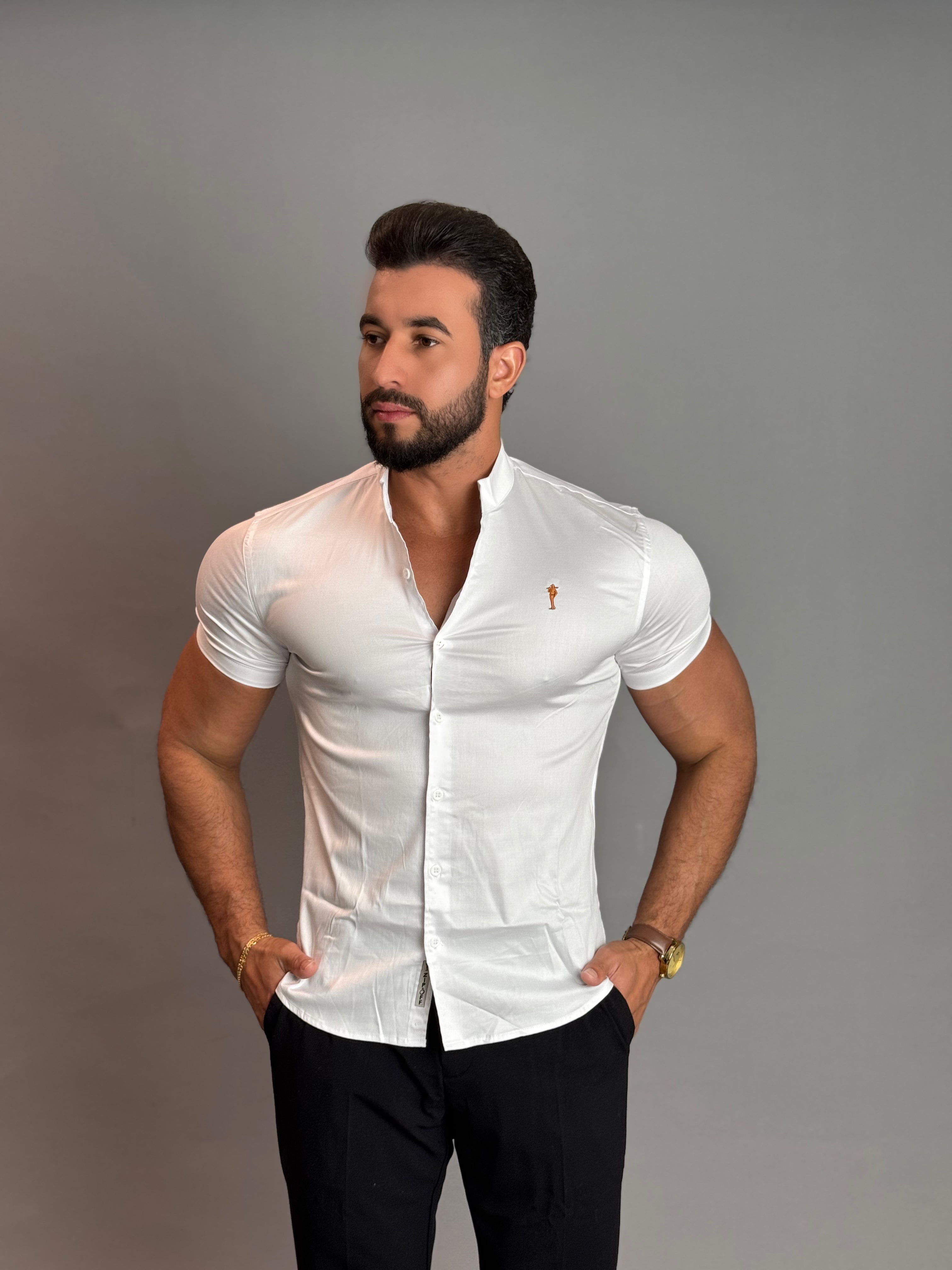 Camisa Social Masculina Gola Padre com Botão - Branca