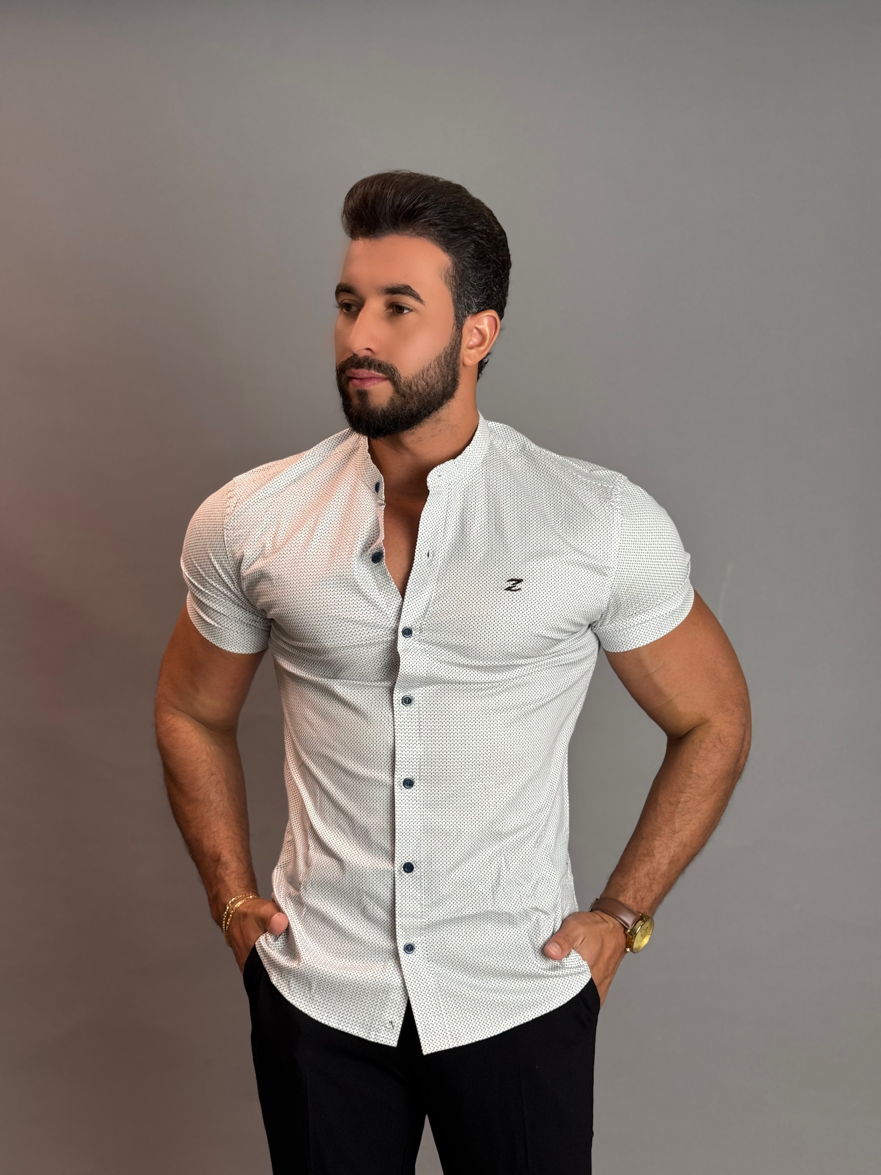 Camisa Social Masculina Gola Padre com Botão - Estampada