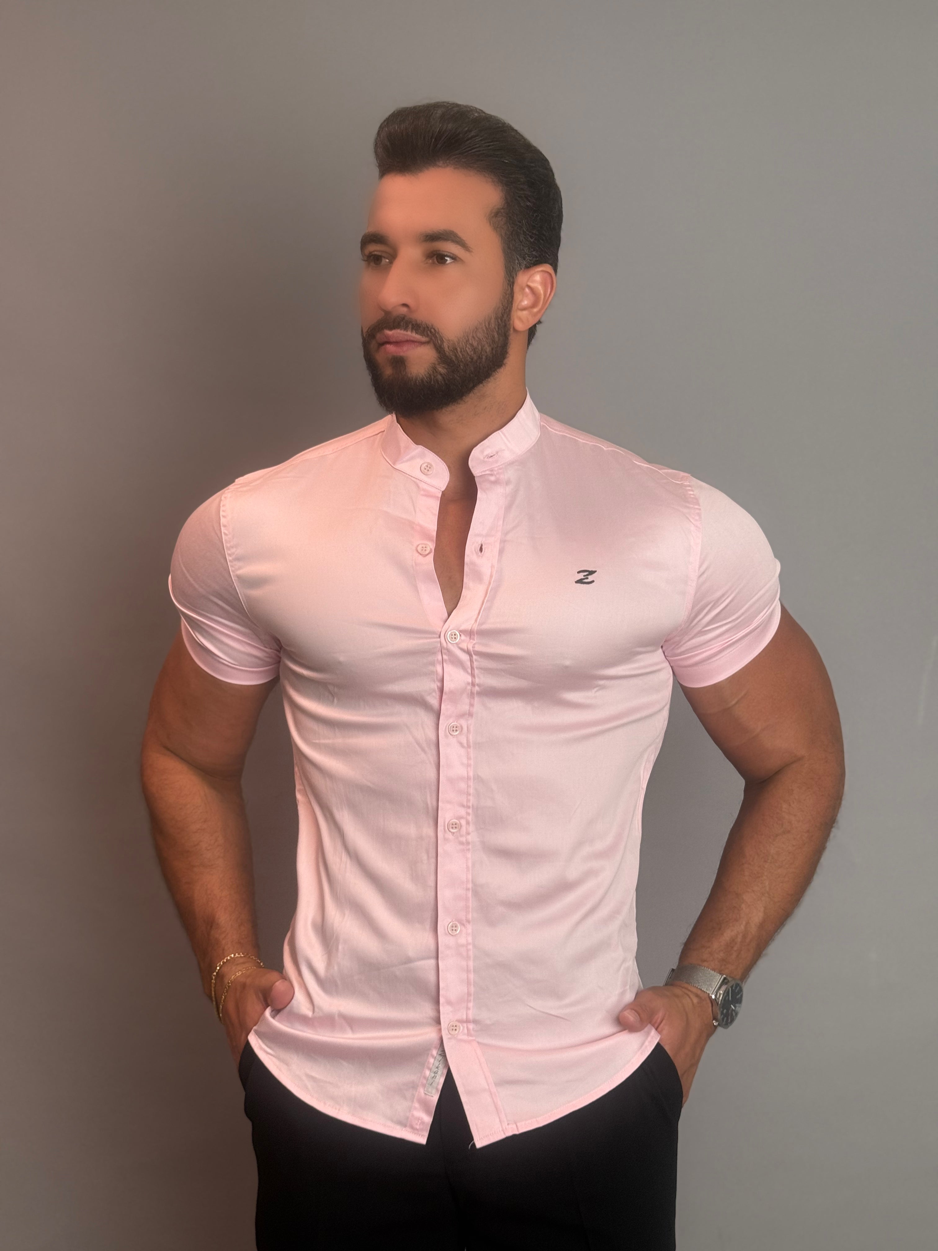 Camisa Social Masculina Gola Padre com Botão - Rosa Bebê