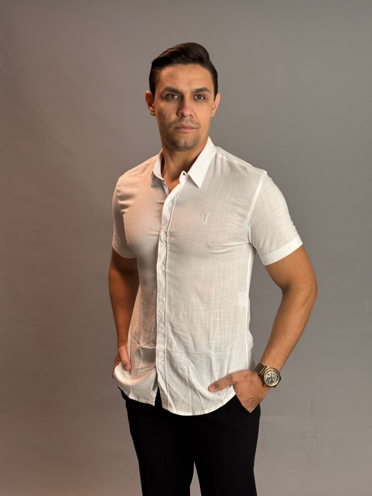 Camisa Social Masculina com Botão Manga Curta - Branco