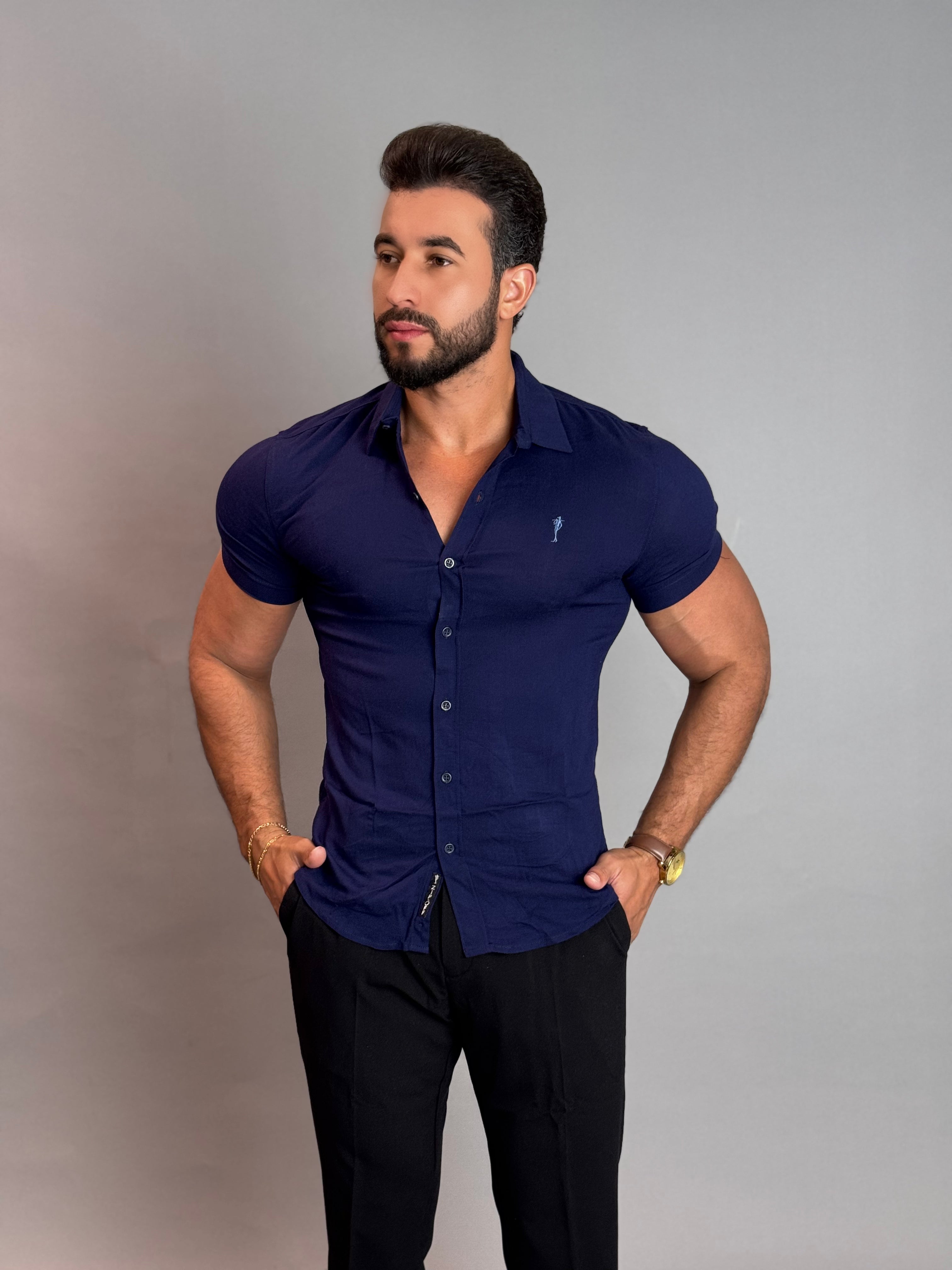 Camisa Social Masculina com Botão Manga Curta - Azul Marinho