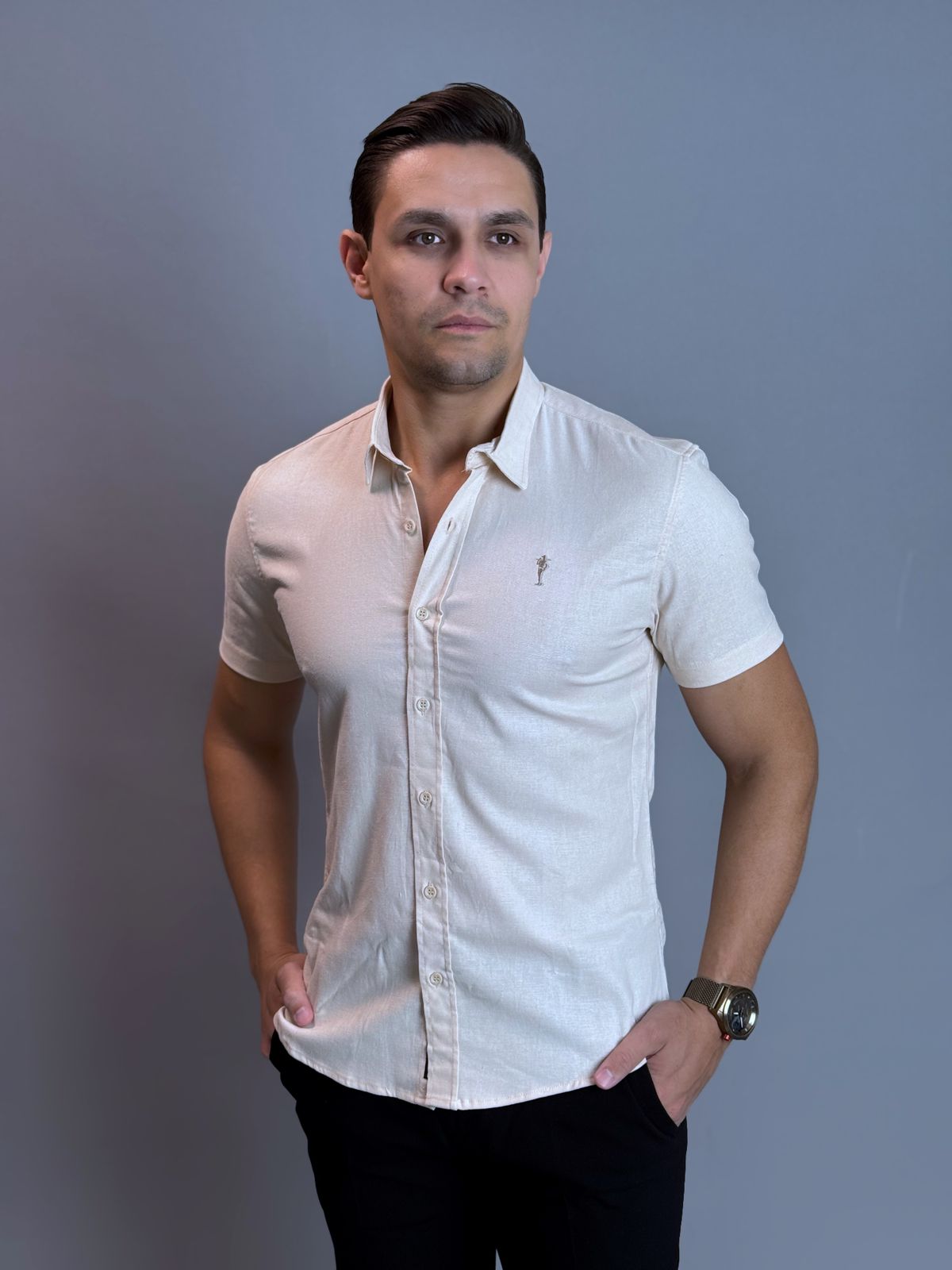 Camisa Social Masculina com Botão Manga Curta - Off White