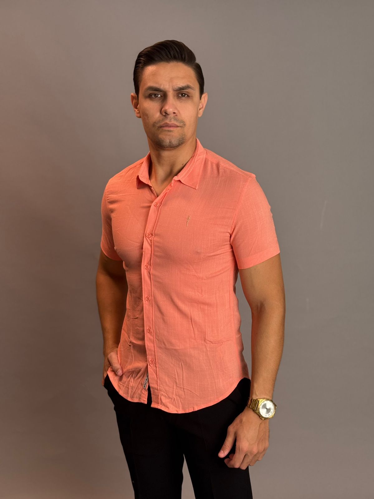 Camisa Social Masculina com Botão Manga Curta - Salmão