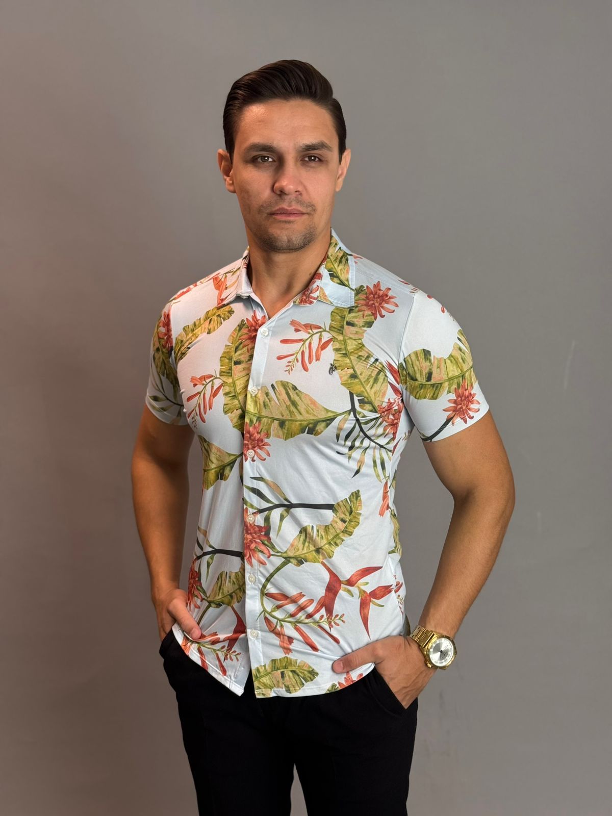 Camisa Social Masculina com Botão Manga Curta - Estampada