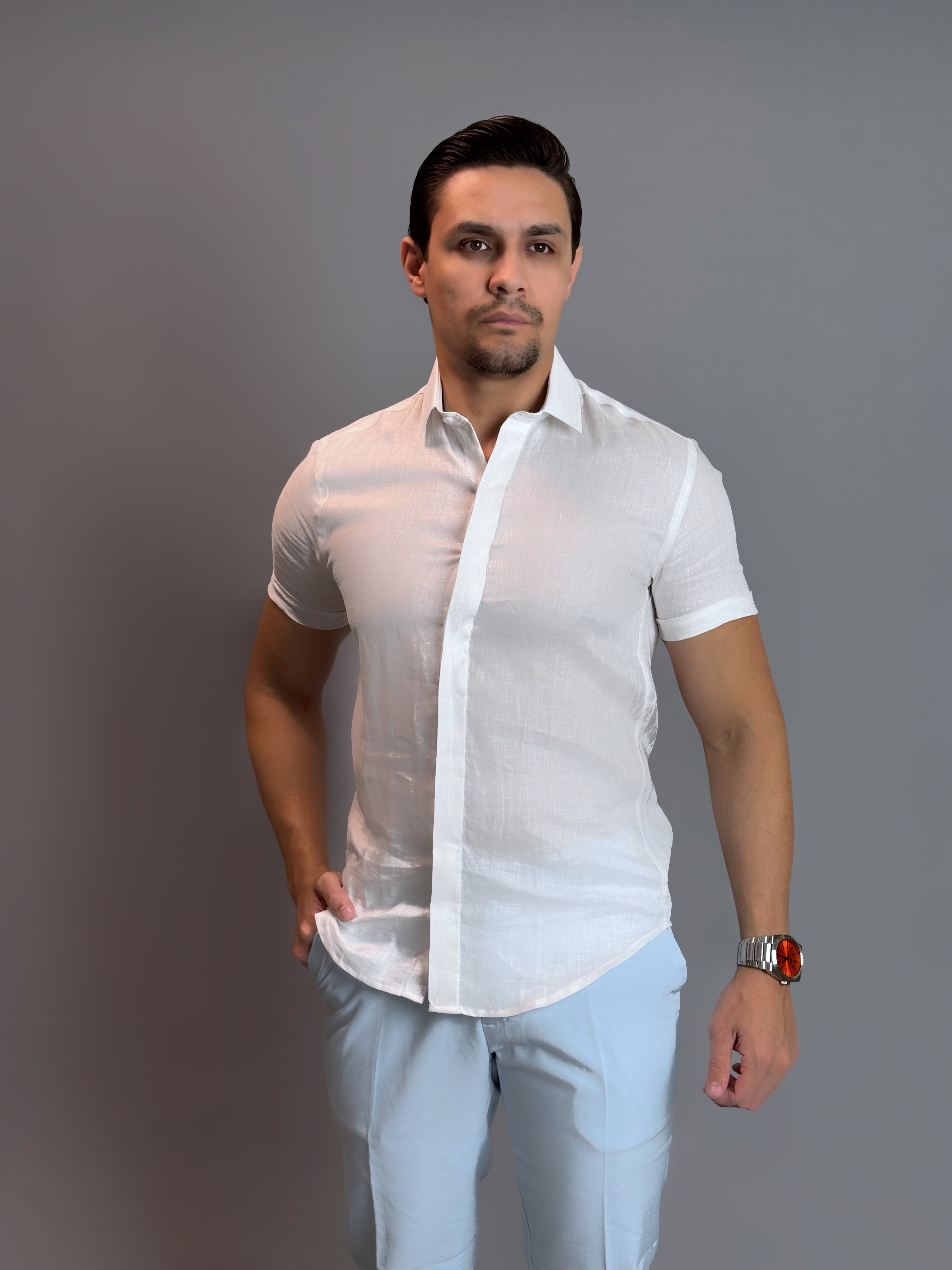 Camisa Social Masculina Manga Curta 100% Linho