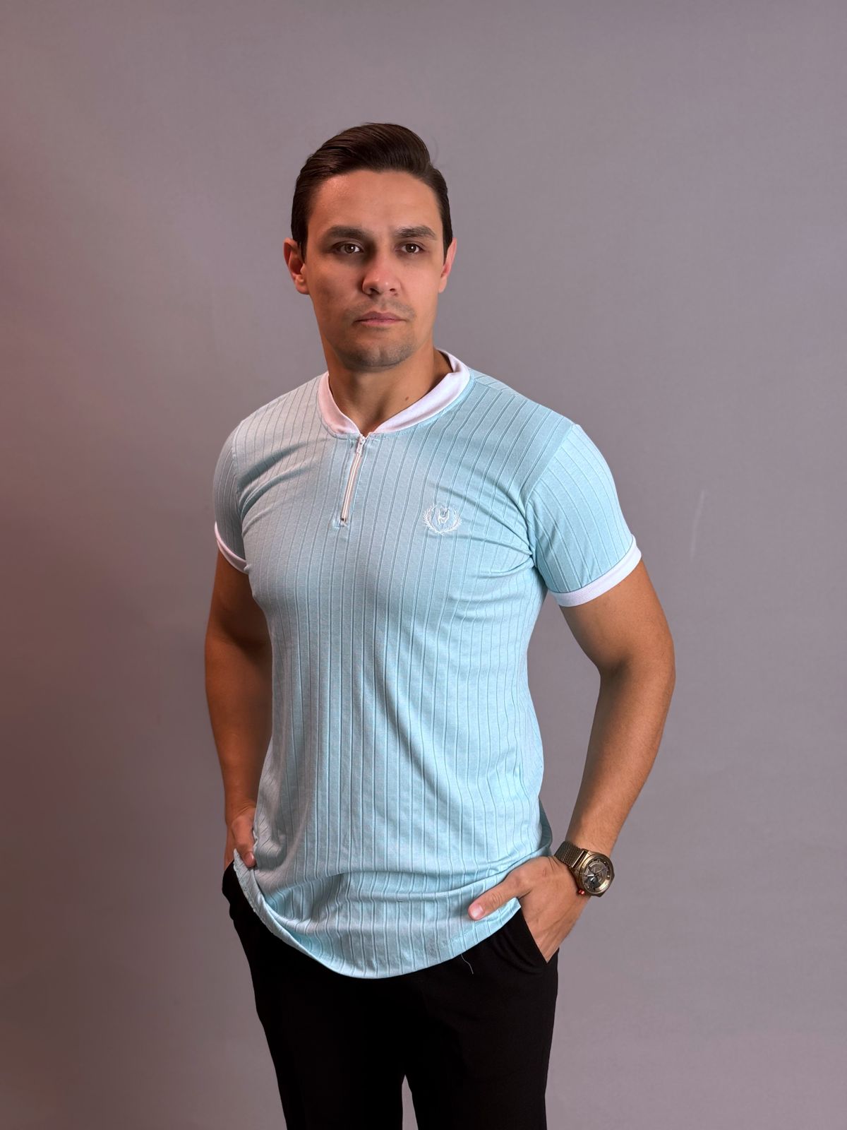 Camisa Gola com Zíper Masculina - Azul Bebê