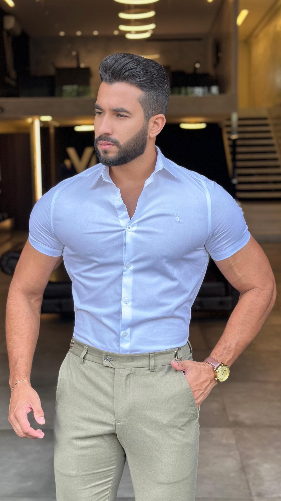 Camisa Social Slim Masculina Acetinada Manga Curta