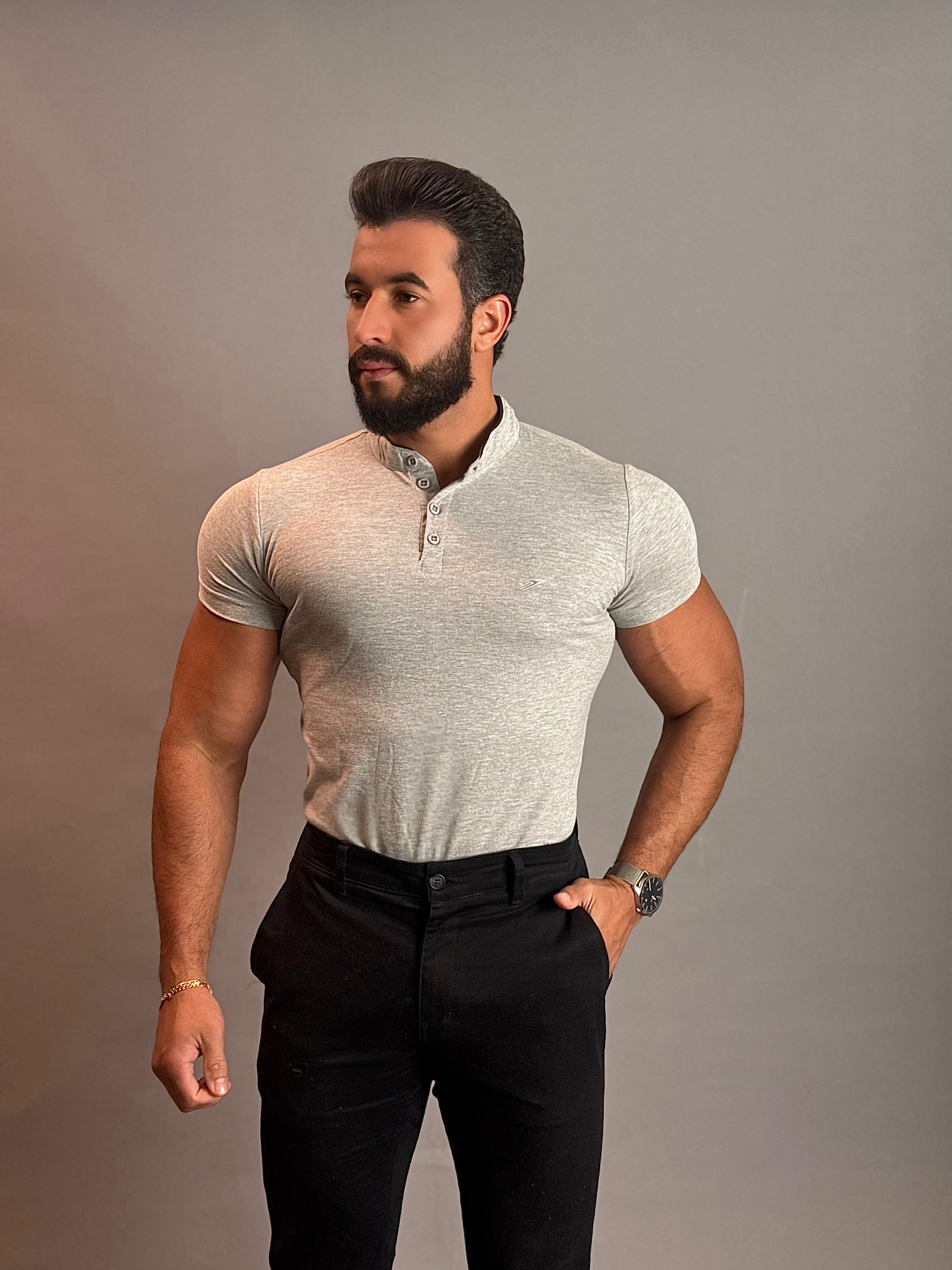 Camisa Gola Padre Masculina - Cinza Mescla