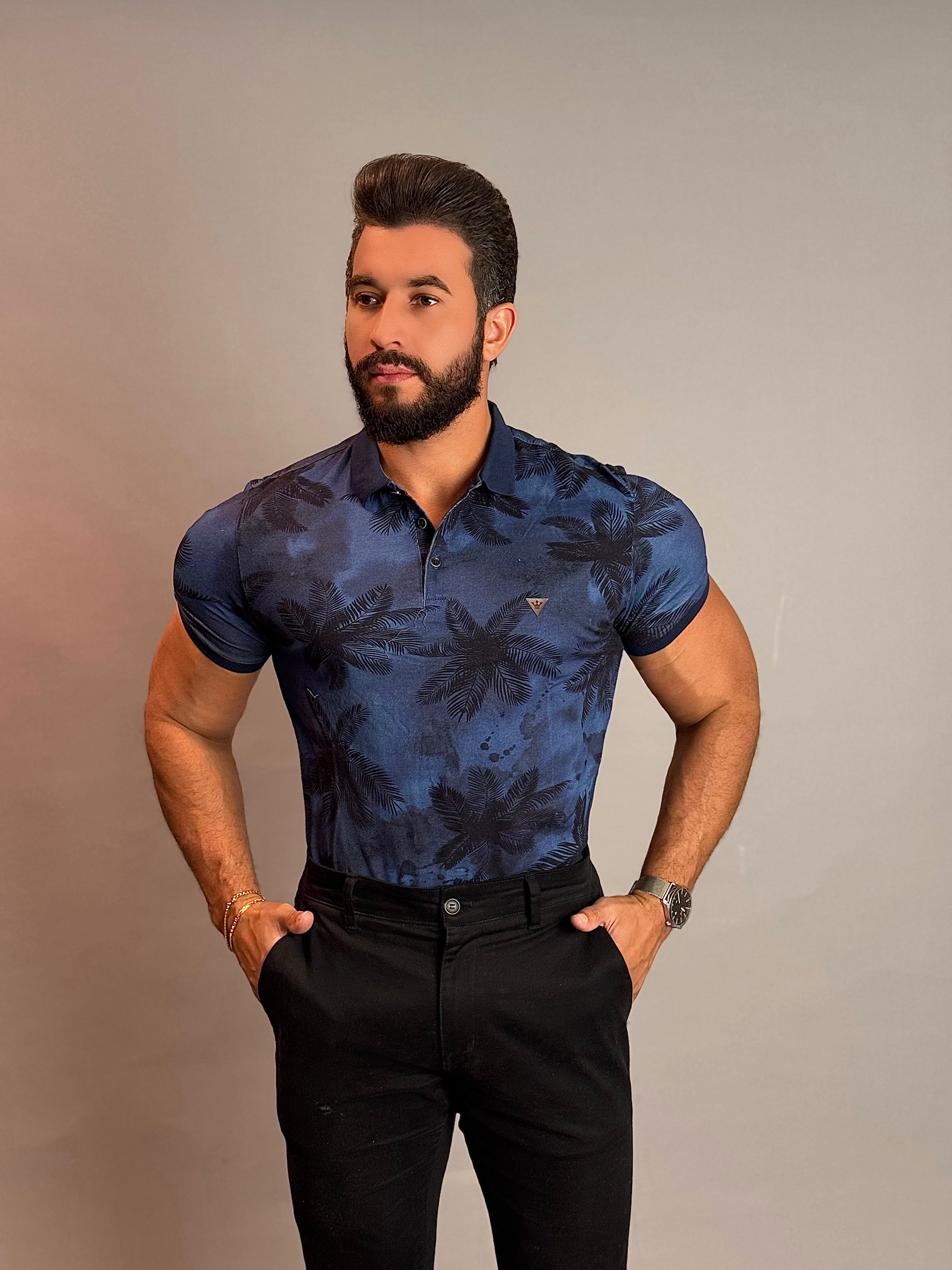 Camisa Gola Polo Estampada Masculina - Azul Escuro