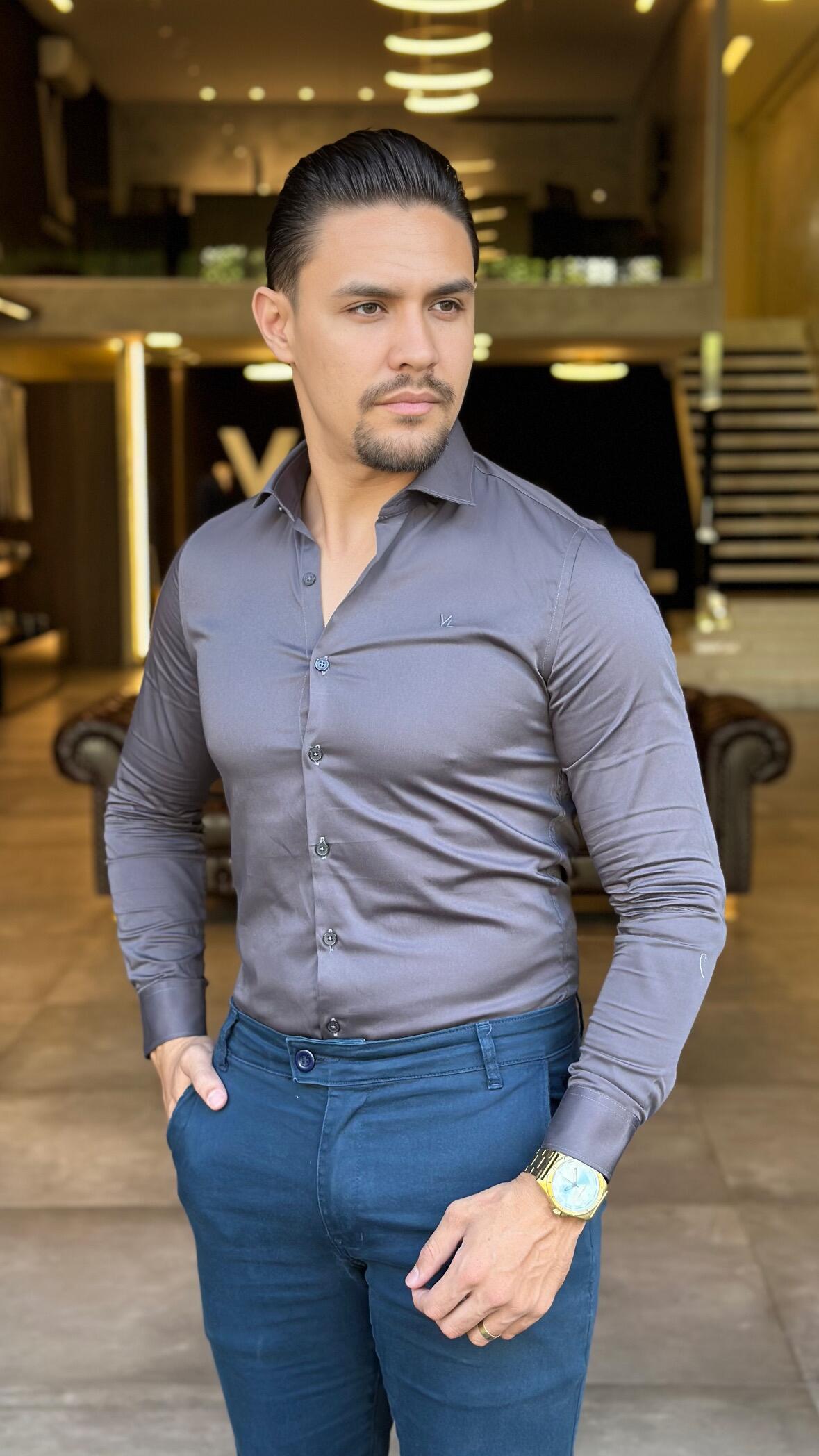 Camisa Social Slim Masculina Acetinada - Fio 60