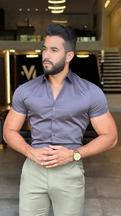 Camisa Social Slim Masculina Acetinada Manga Curta