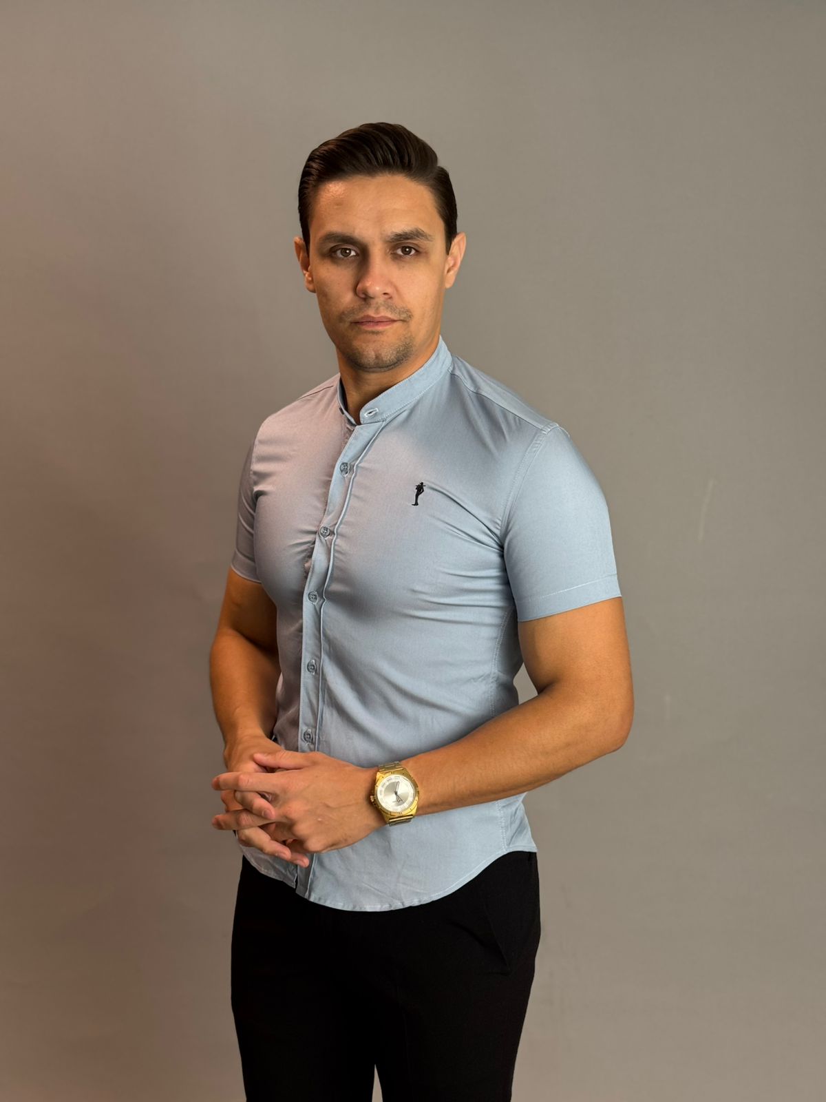 Camisa Social Masculina Gola Padre com Botão - Azul Bebê