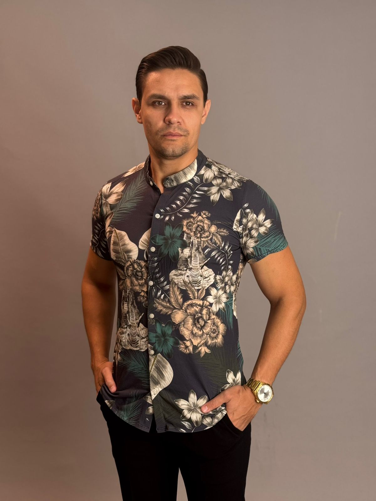 Camisa Social Masculina Gola Padre com Botão - Estampada