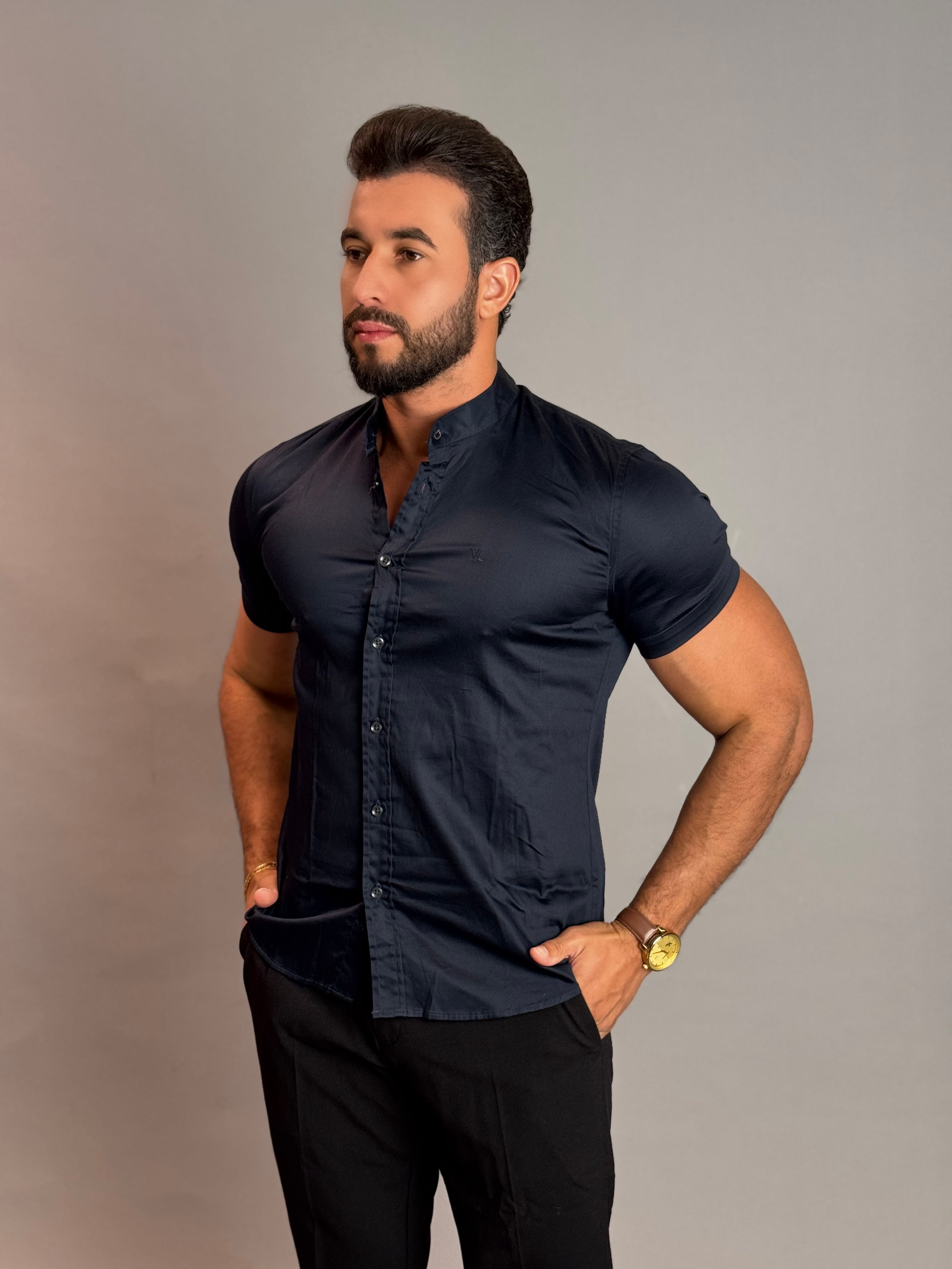 Camisa Social Masculina Gola Padre com Botão - Azul Marinho