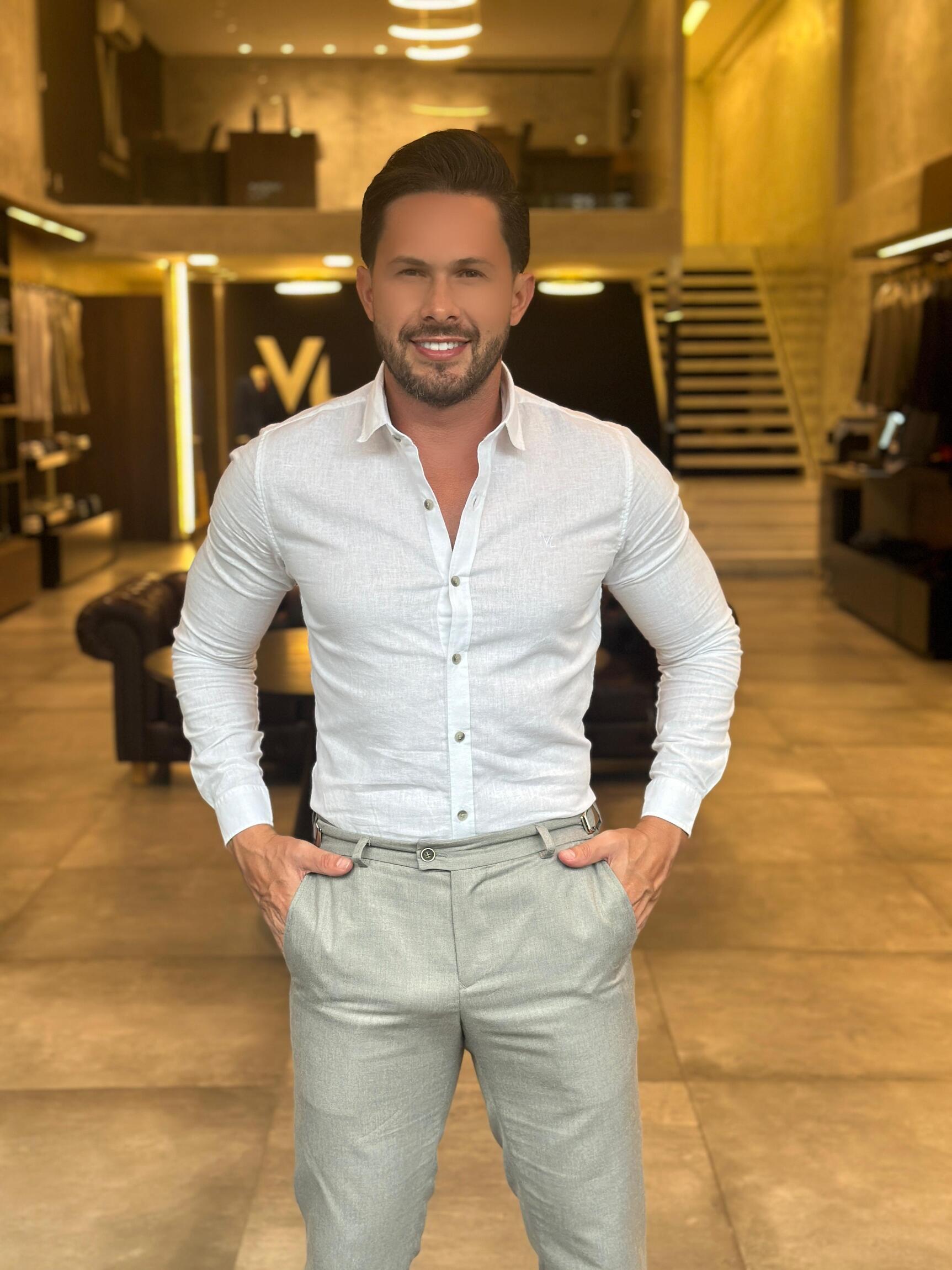 Camisa Social Slim Masculina Linho com Elastano