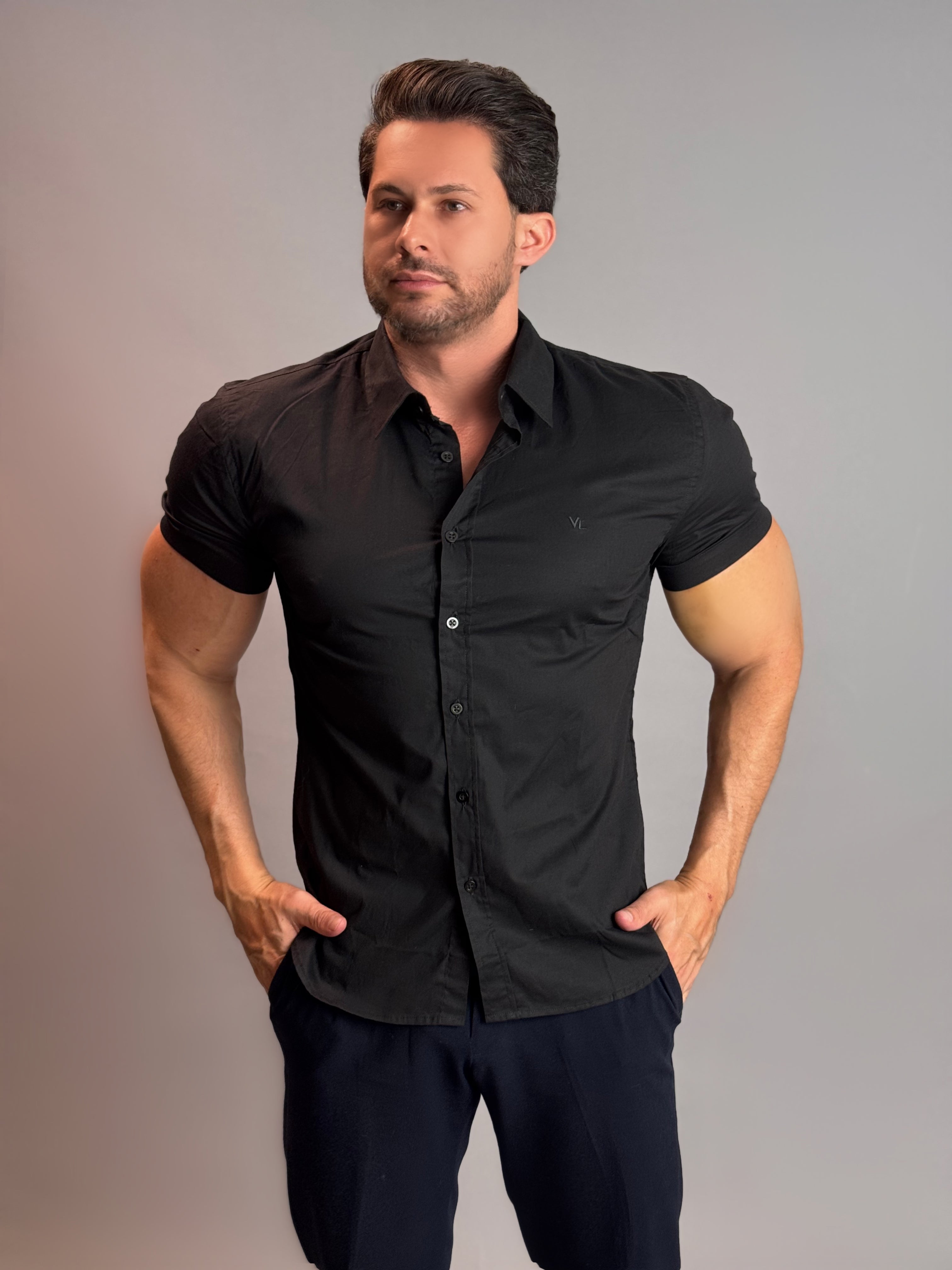 Camisa Social Masculina com Botão Manga Curta - Preta VL