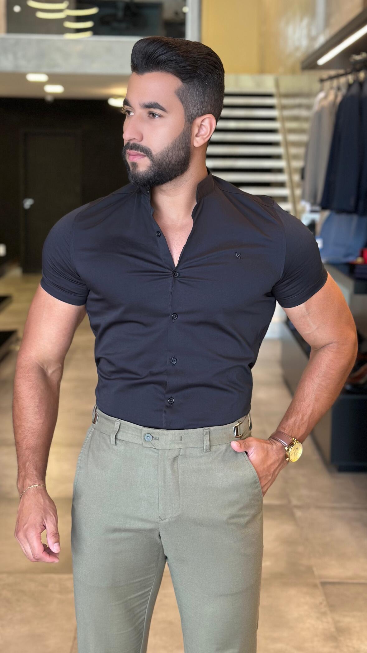 Camisa Social Slim Masculina Gola Padre - Manga Curta