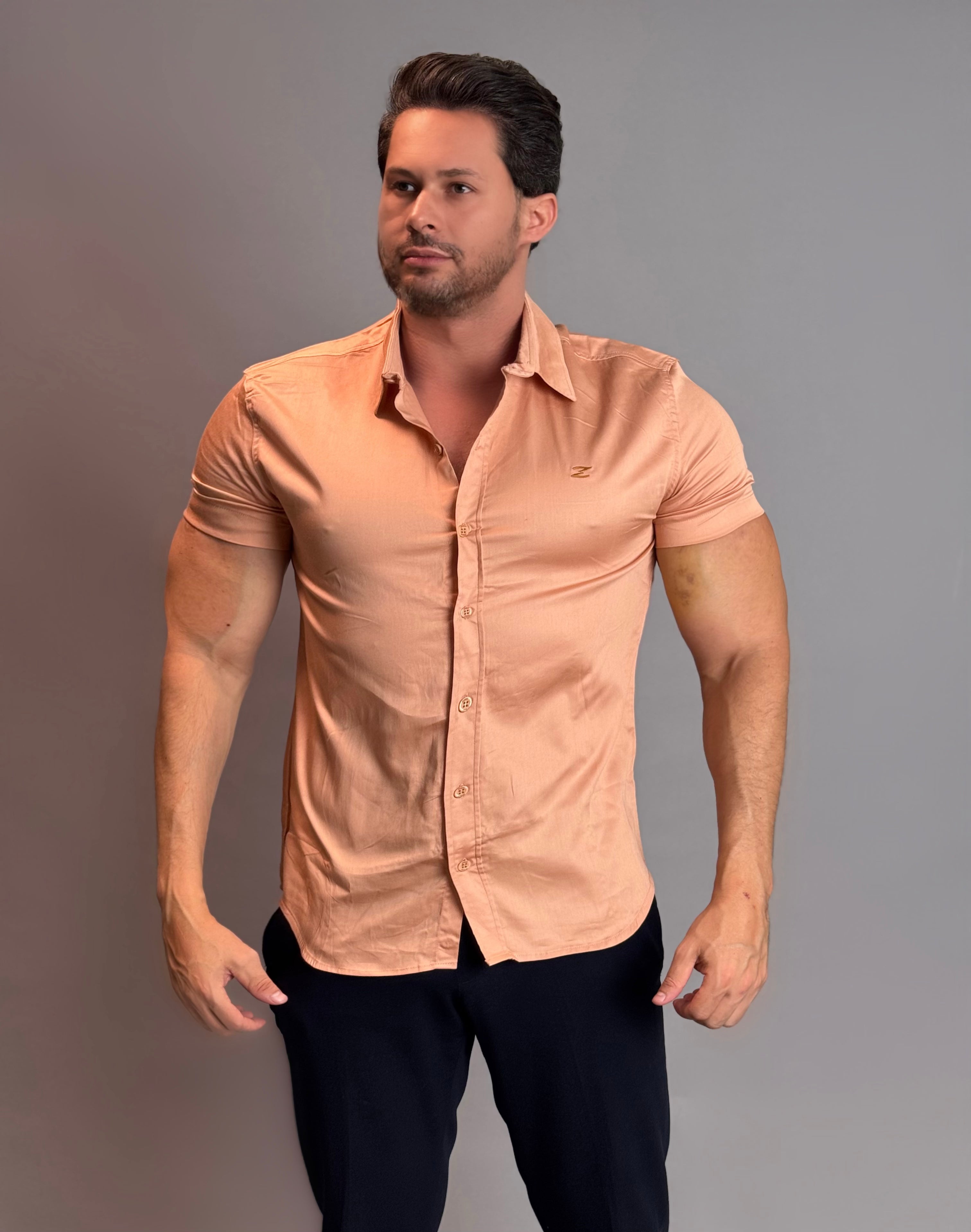 Camisa Social Masculina com Botão Manga Curta - Salmão