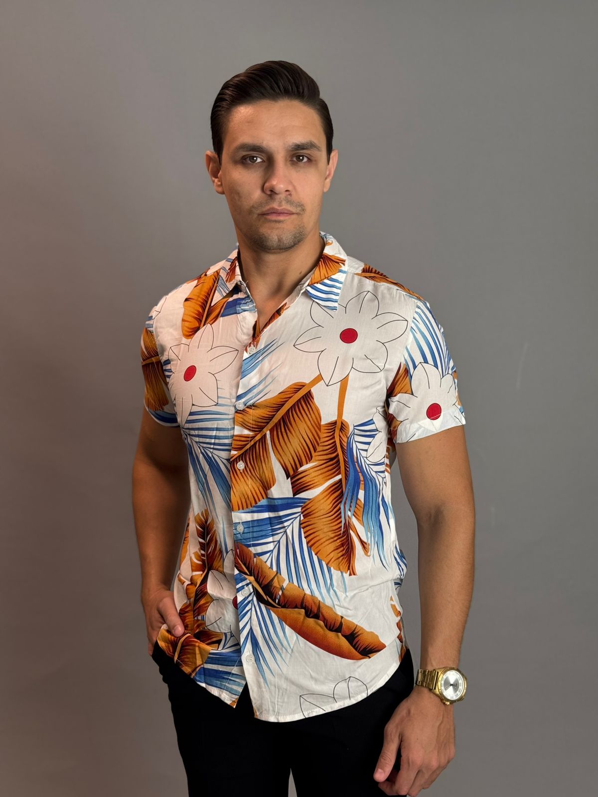 Camisa Social Masculina com Botão Manga Curta - Estampada