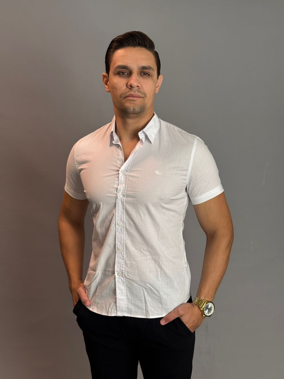 Camisa Social Masculina com Botão Manga Curta - Branca