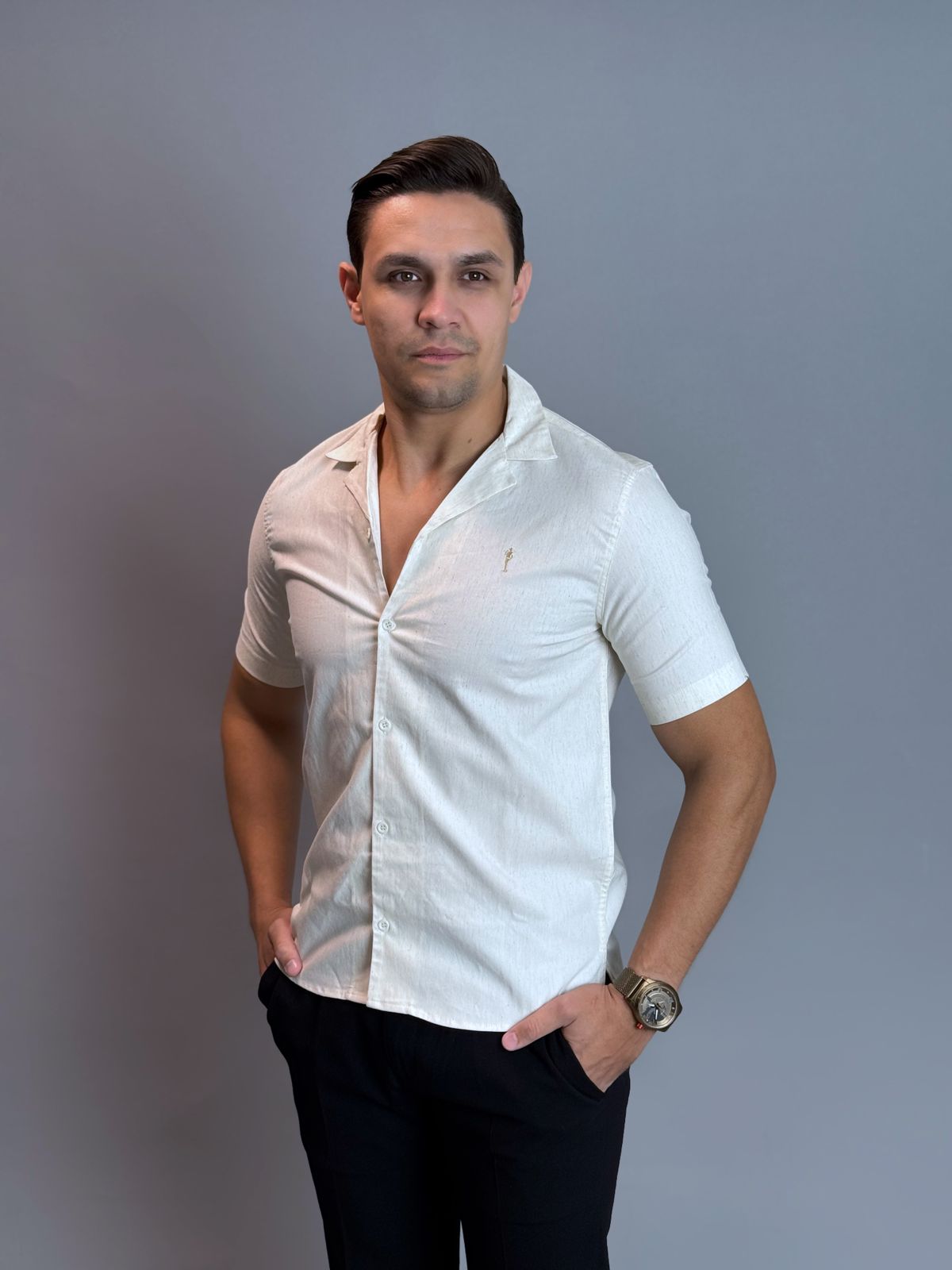 Camisa Social Masculina com Botão Manga Curta - Branco