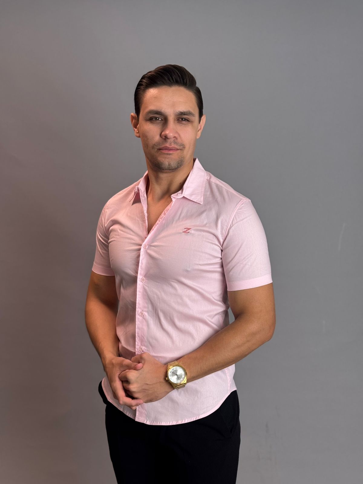 Camisa Social Masculina com Botão Manga Curta - Rosa Bebê