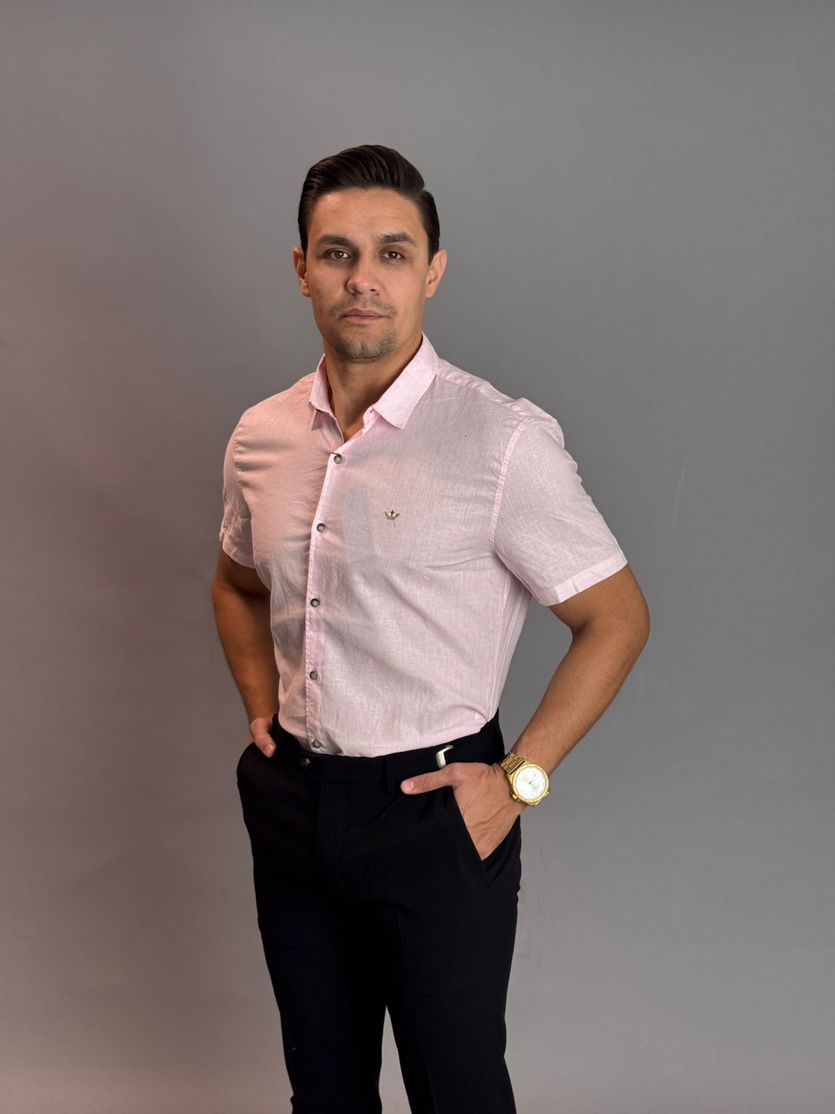 Camisa Social Masculina com Botão Manga Curta - Rosa Bebê