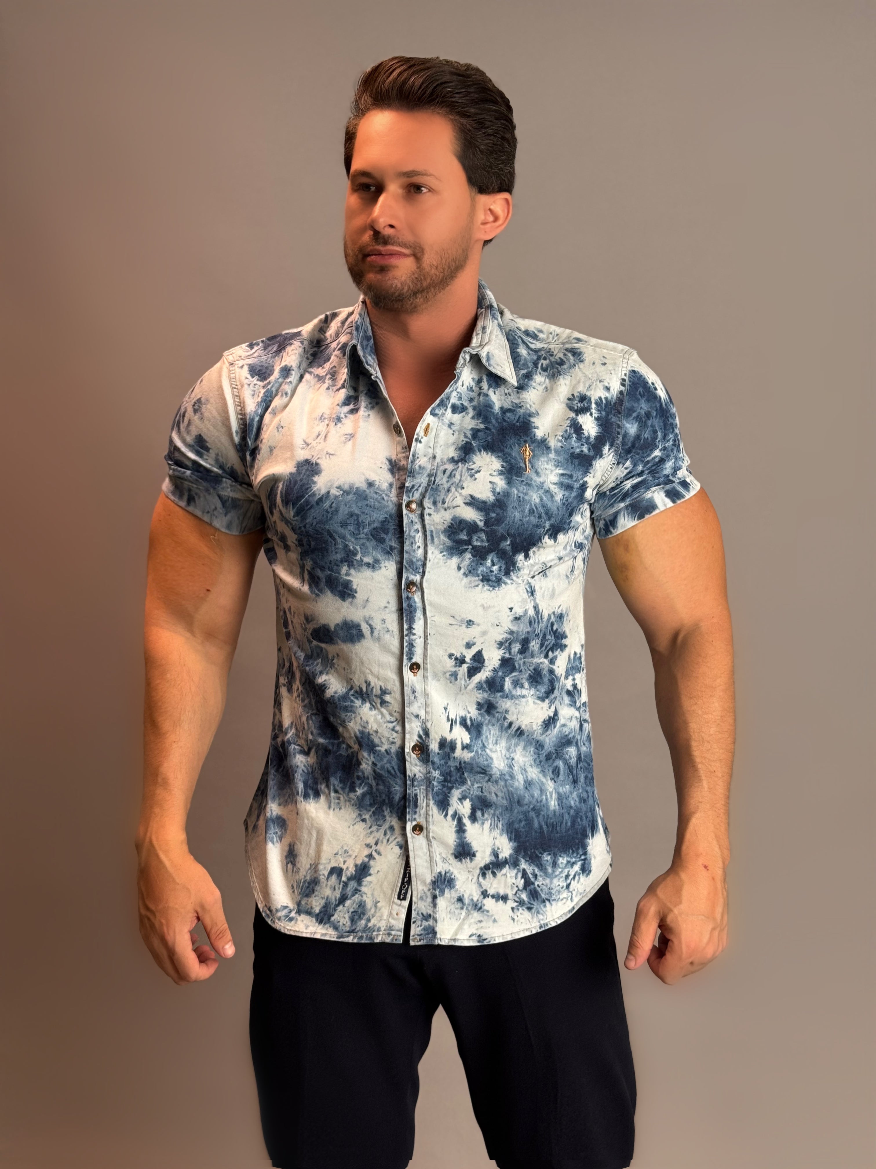 Camisa Social Masculina com Botão Manga Curta - Azul Estampada